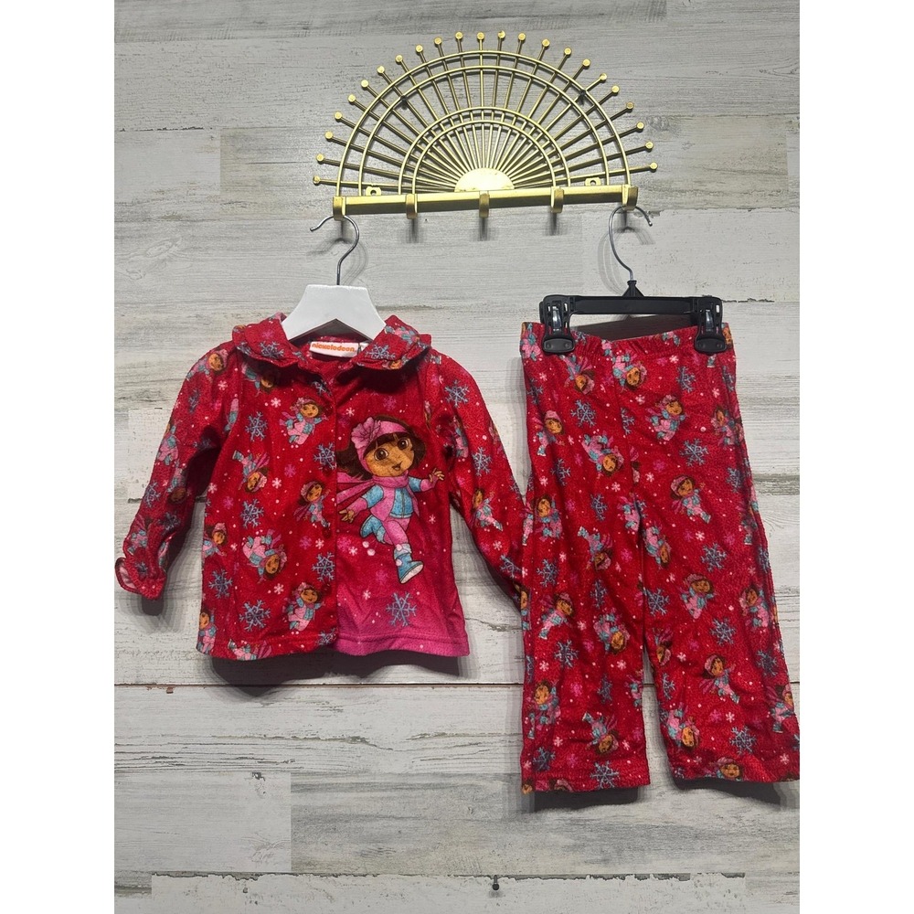 Y2K Nickelodeon Dora the Explorer Pajamas Girls 24M Red Fleece‎ Winter Set GUC
